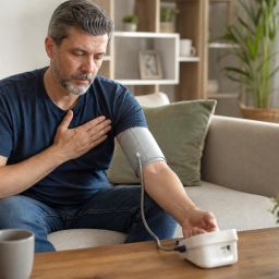 Man sitting on a sofa after checking his blood pressure with a home monitor