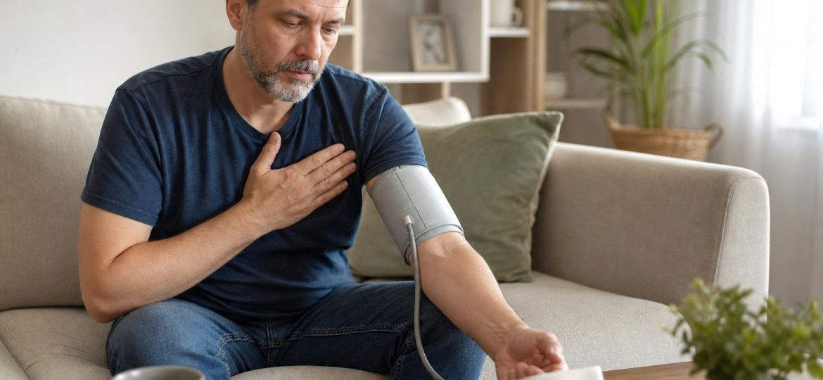 Man sitting on a sofa after checking his blood pressure with a home monitor