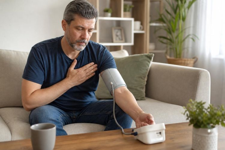 Man sitting on a sofa after checking his blood pressure with a home monitor