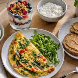 High-protein breakfast with yogurt parfait, omelet, eggs, cottage cheese and toast