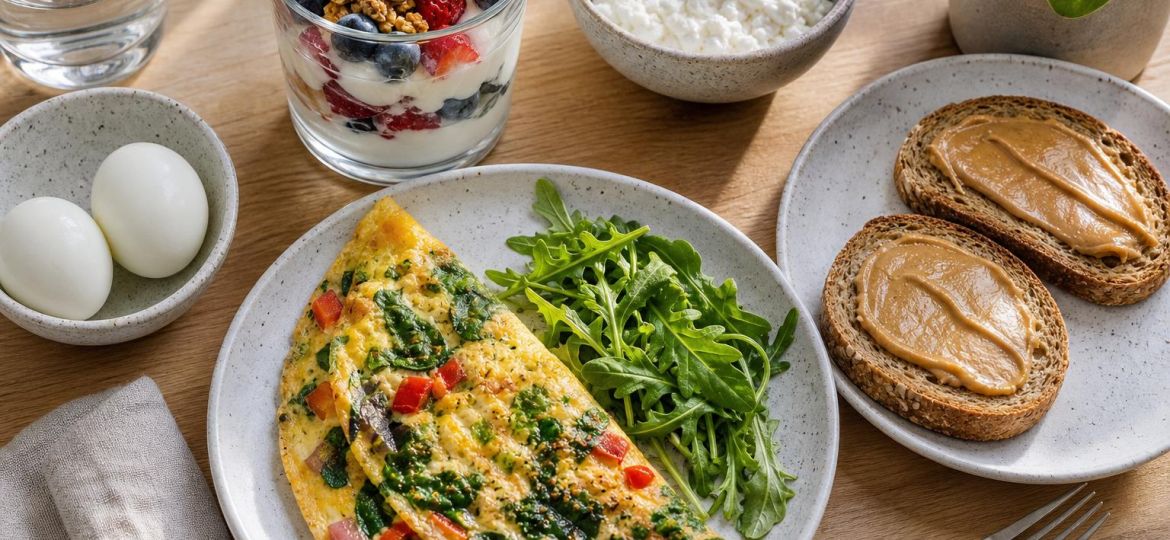 High-protein breakfast with yogurt parfait, omelet, eggs, cottage cheese and toast
