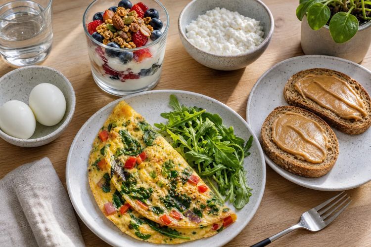High-protein breakfast with yogurt parfait, omelet, eggs, cottage cheese and toast