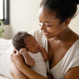Smiling young mother holding her newborn baby in a bright room