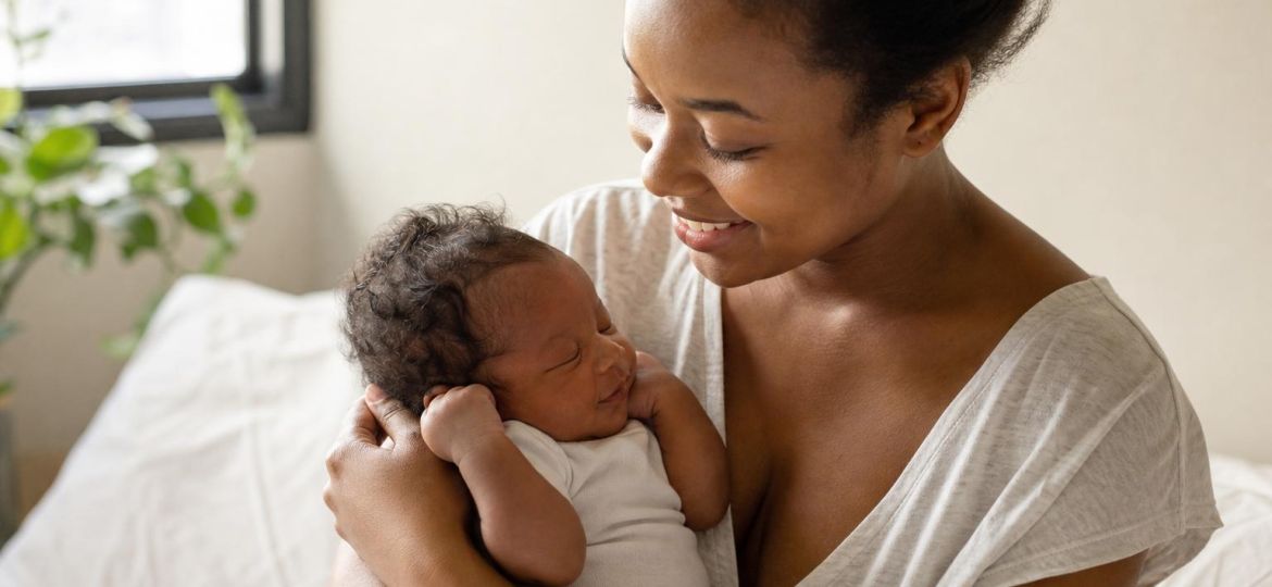 Smiling young mother holding her newborn baby in a bright room