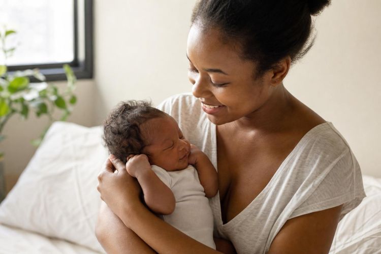 Smiling young mother holding her newborn baby in a bright room