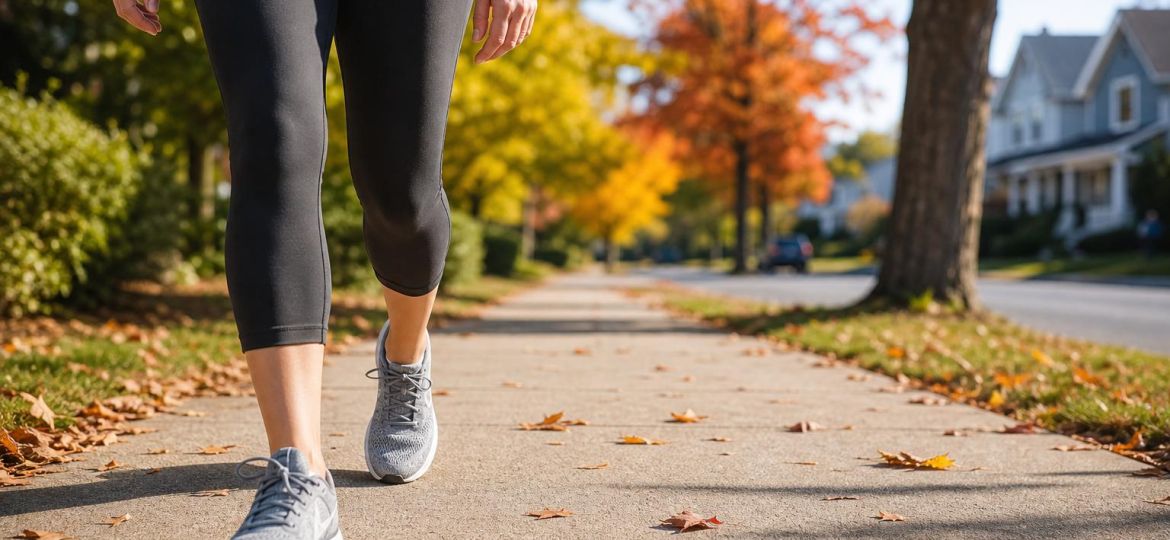 Walking sneakers and smartwatch on a sunny sidewalk with autumn leaves
