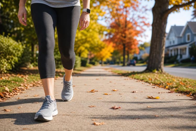 Walking sneakers and smartwatch on a sunny sidewalk with autumn leaves