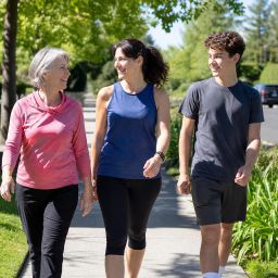 Three generations of a family walking briskly together on a sunny sidewalk
