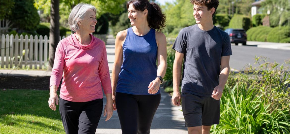 Three generations of a family walking briskly together on a sunny sidewalk