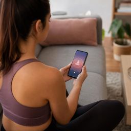 Woman sitting on a sofa using a meditation app on her phone
