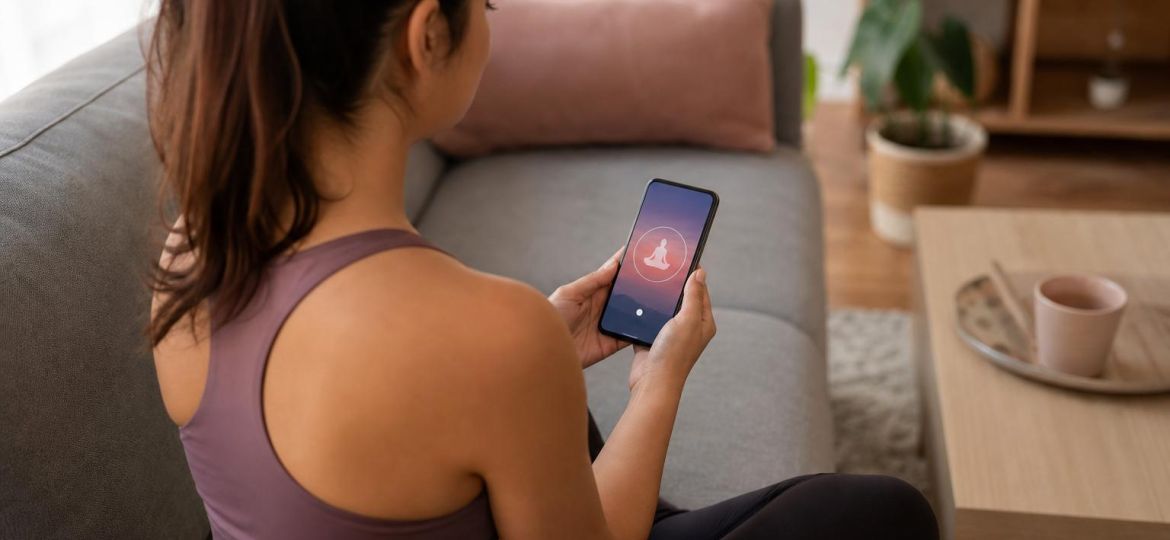 Woman sitting on a sofa using a meditation app on her phone