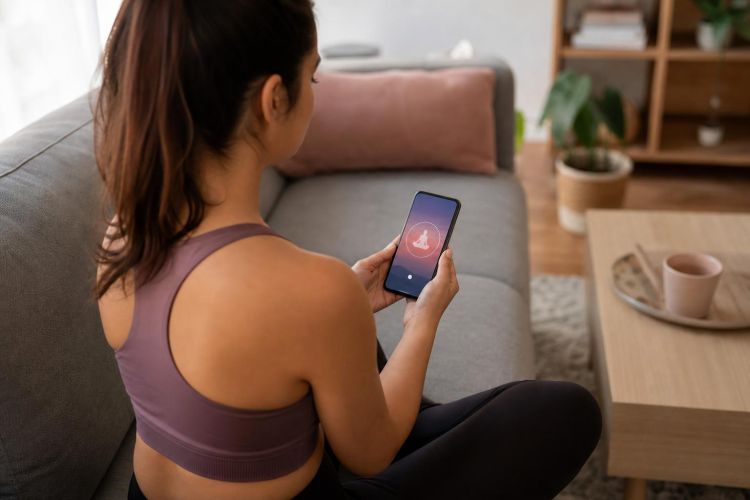 Woman sitting on a sofa using a meditation app on her phone