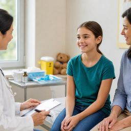 Pediatrician talking with a preteen and parent in a friendly exam room