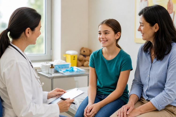 Pediatrician talking with a preteen and parent in a friendly exam room