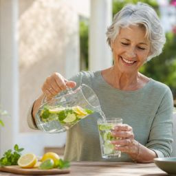 Older woman pouring citrus and mint water from a glass pitcher on a sunny patio