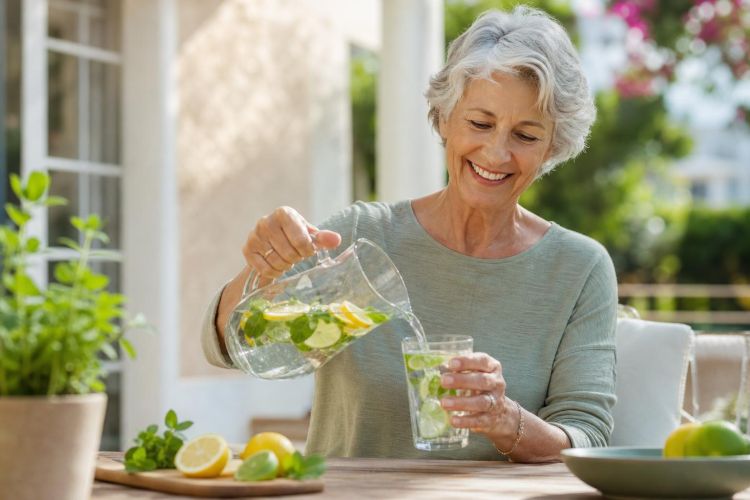 Older woman pouring citrus and mint water from a glass pitcher on a sunny patio