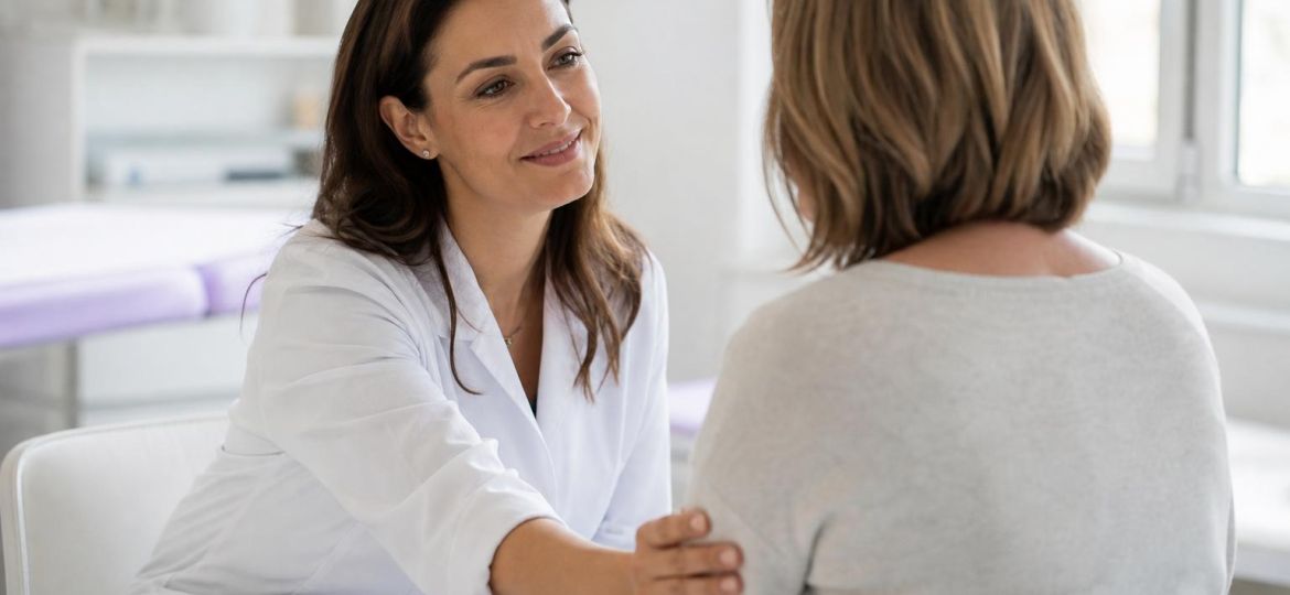 Gynecologist reassuring a female patient during a clinic visit