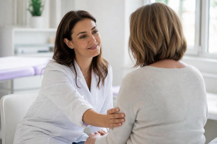 Gynecologist reassuring a female patient during a clinic visit