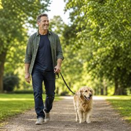 Man walking his dog along a tree-lined park path on a sunny morning