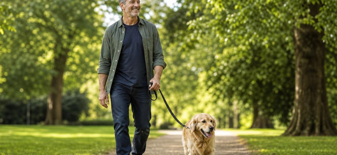 Man walking his dog along a tree-lined park path on a sunny morning