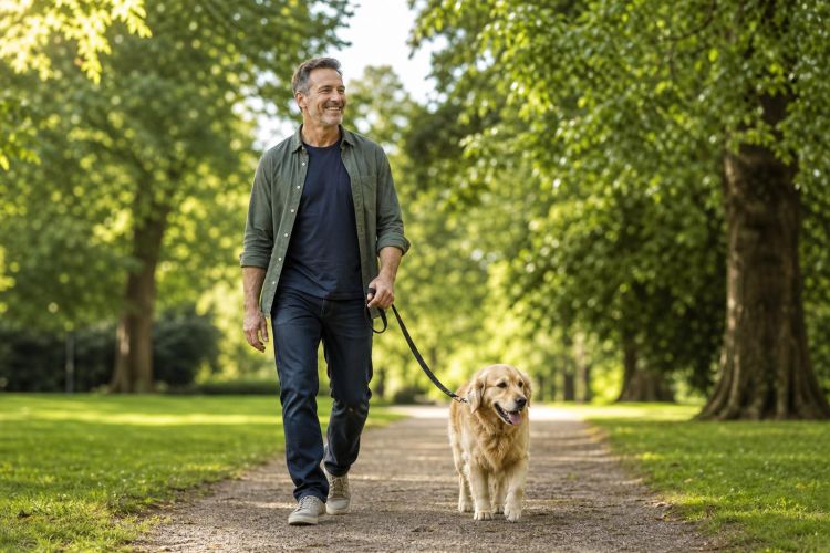 Man walking his dog along a tree-lined park path on a sunny morning