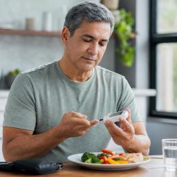 Man checking his blood sugar with a glucose meter beside a healthy lunch