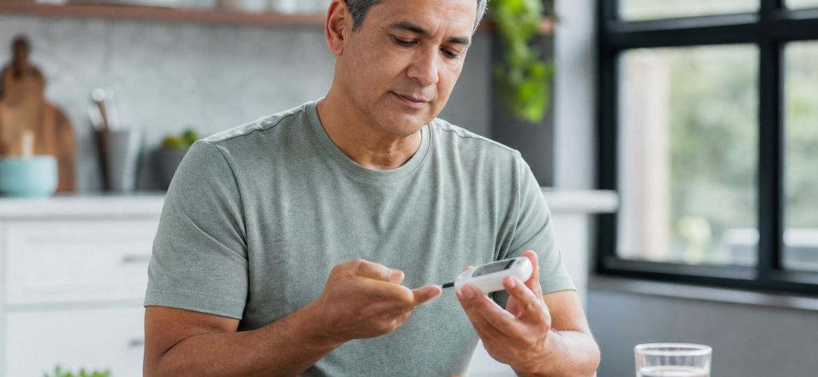 Man checking his blood sugar with a glucose meter beside a healthy lunch