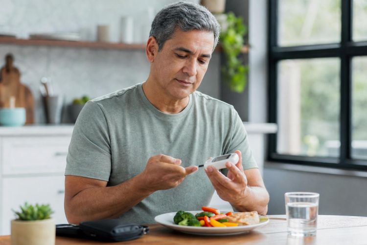 Man checking his blood sugar with a glucose meter beside a healthy lunch