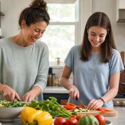 Parent and teenage daughter cooking a colorful family dinner together