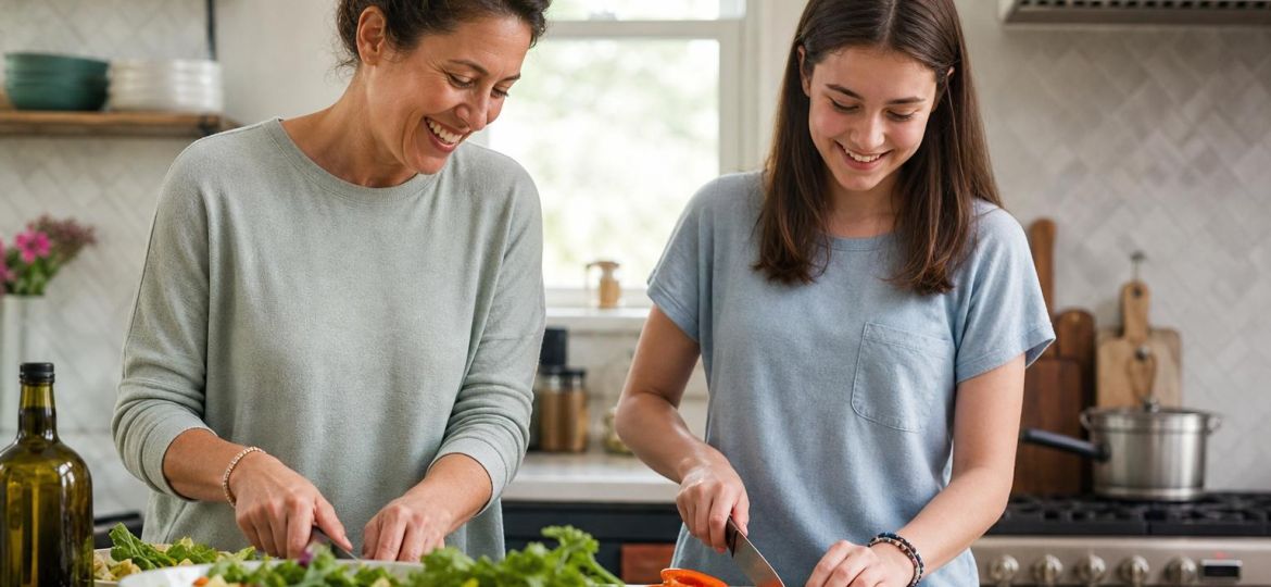 Parent and teenage daughter cooking a colorful family dinner together