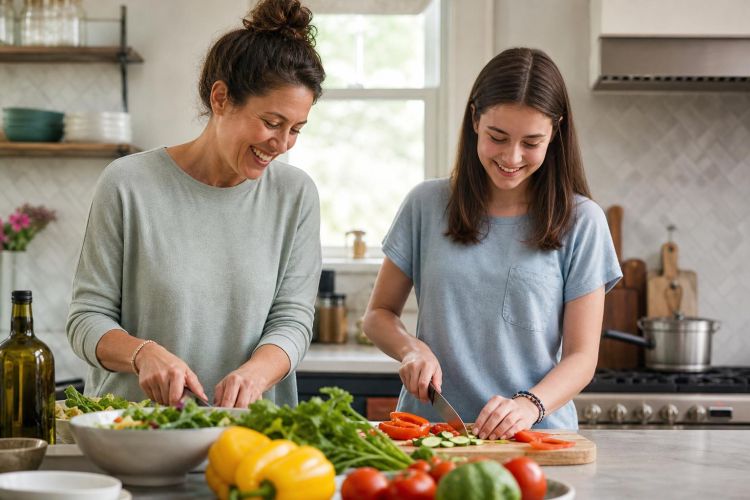 Parent and teenage daughter cooking a colorful family dinner together