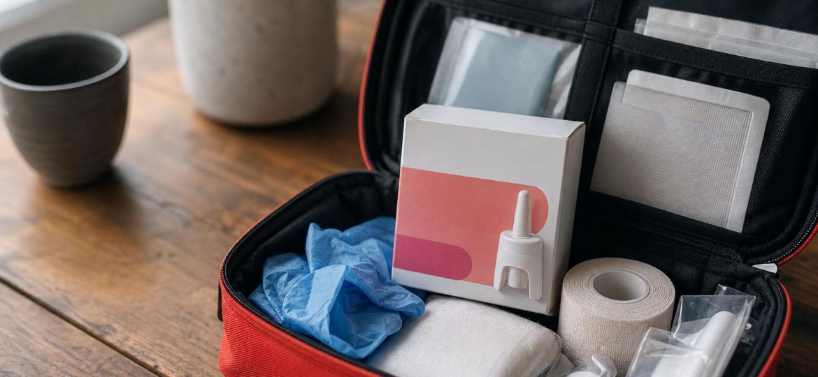 Open first-aid kit with a naloxone nasal spray box, gloves and bandages