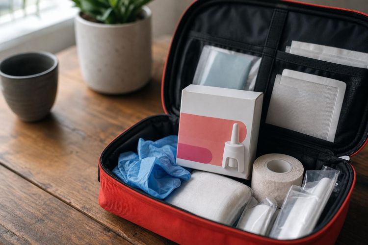 Open first-aid kit with a naloxone nasal spray box, gloves and bandages