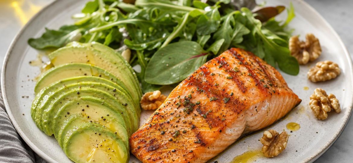 Plate of grilled salmon, avocado, leafy greens, olive oil and walnuts