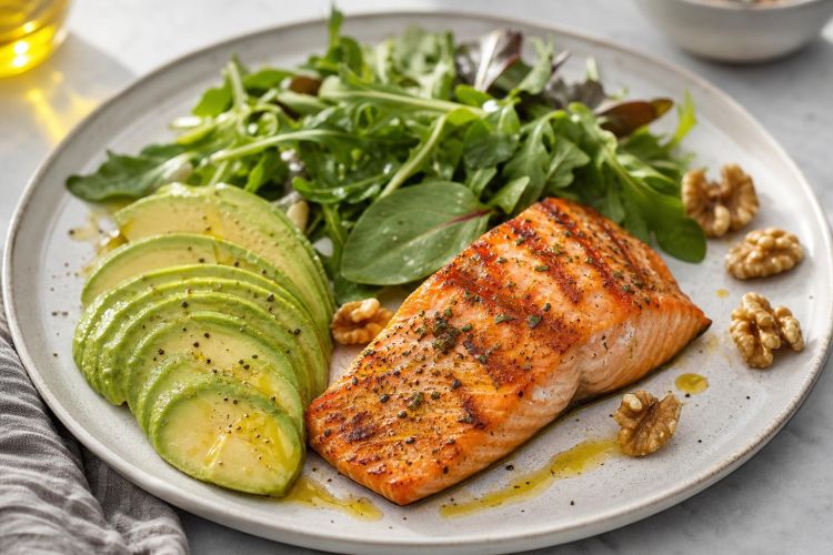 Plate of grilled salmon, avocado, leafy greens, olive oil and walnuts