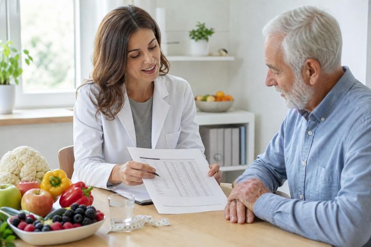 Dietitian discussing a kidney-friendly meal plan with an older man