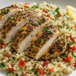Sliced herb chicken over cauliflower rice with red pepper and parsley