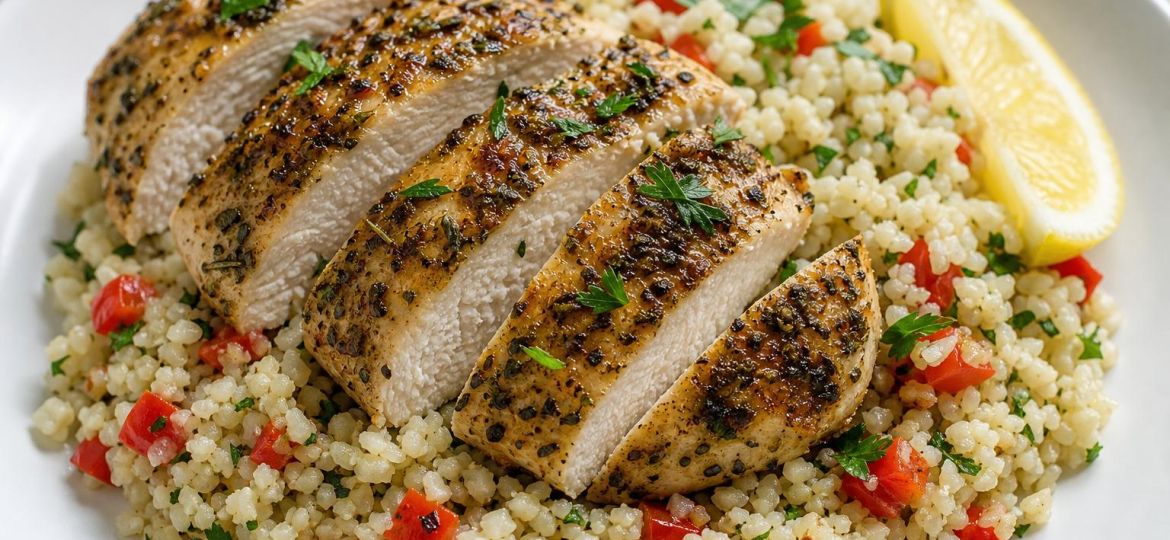 Sliced herb chicken over cauliflower rice with red pepper and parsley