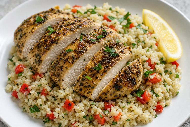 Sliced herb chicken over cauliflower rice with red pepper and parsley