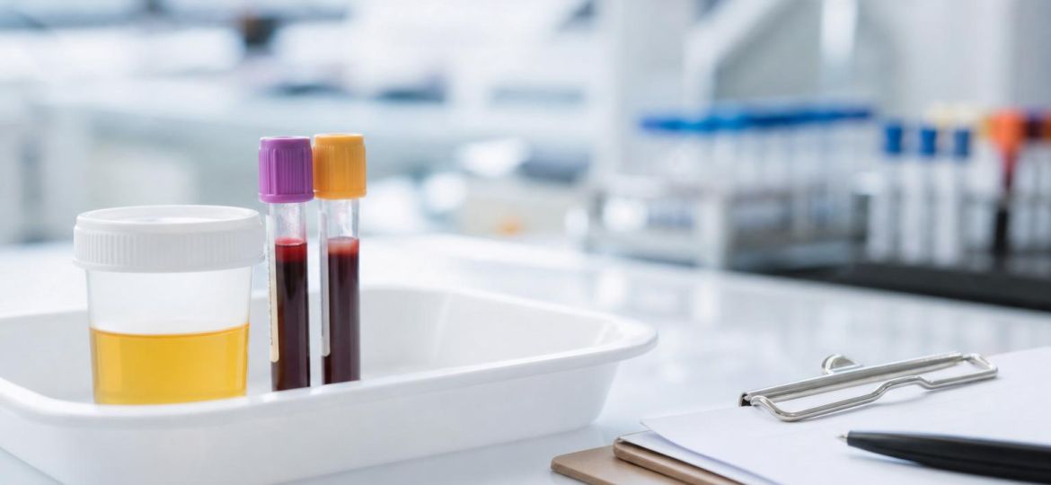 Urine sample cup and blood tubes on a lab tray