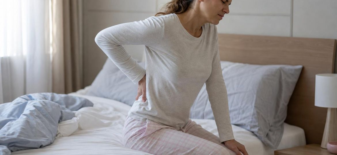 Woman sitting on her bed holding her lower back in discomfort