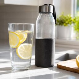 Glass of water with lemon slices beside a reusable water bottle
