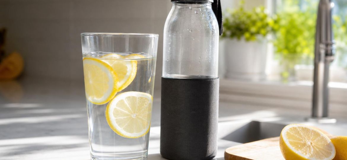 Glass of water with lemon slices beside a reusable water bottle