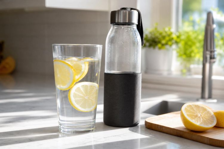 Glass of water with lemon slices beside a reusable water bottle