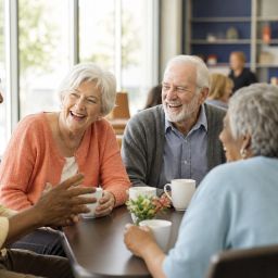 Older adults laughing together over coffee at a community center