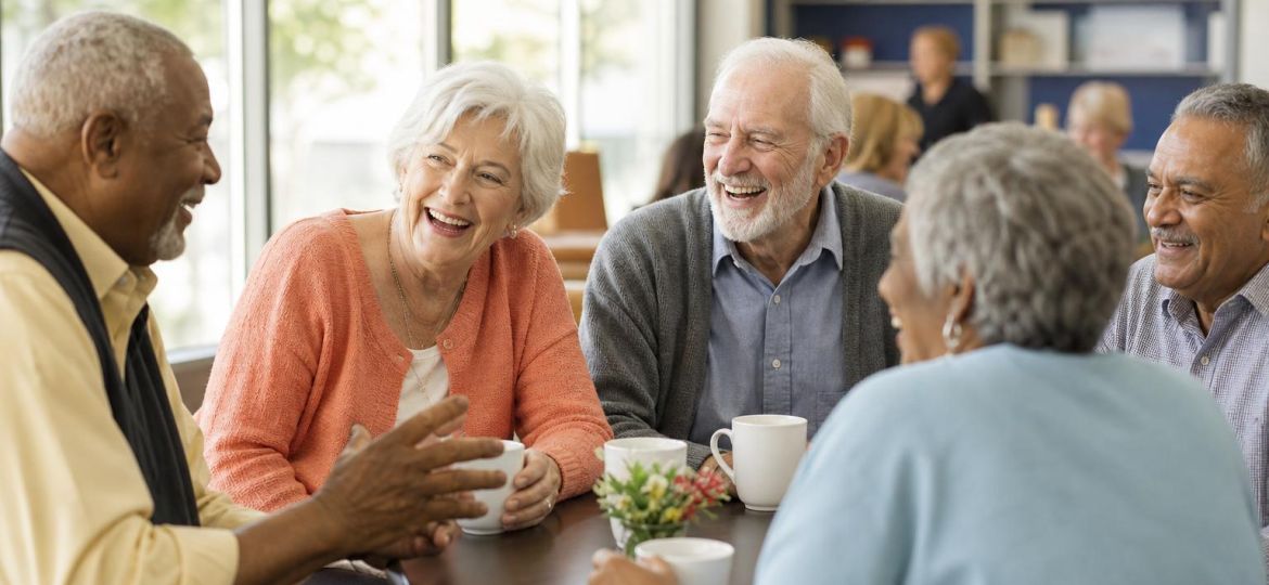 Older adults laughing together over coffee at a community center