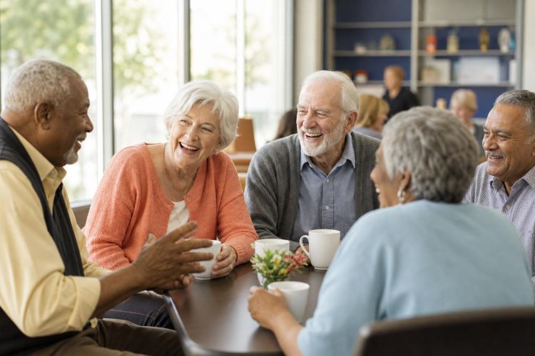 Older adults laughing together over coffee at a community center