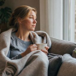 Woman resting on a sofa by a window with a blanket and a cup of tea