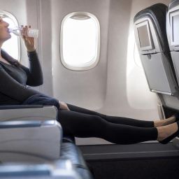 Airline passenger in an aisle seat stretching her legs and drinking water