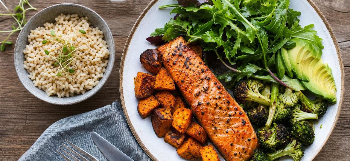 Plate of grilled salmon, avocado, salad and roasted vegetables with a bowl of brown rice